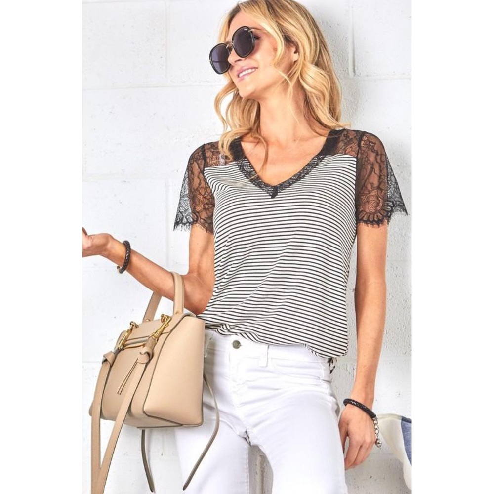 Striped V-Neck Tee with Lace Sleeves - Black/White